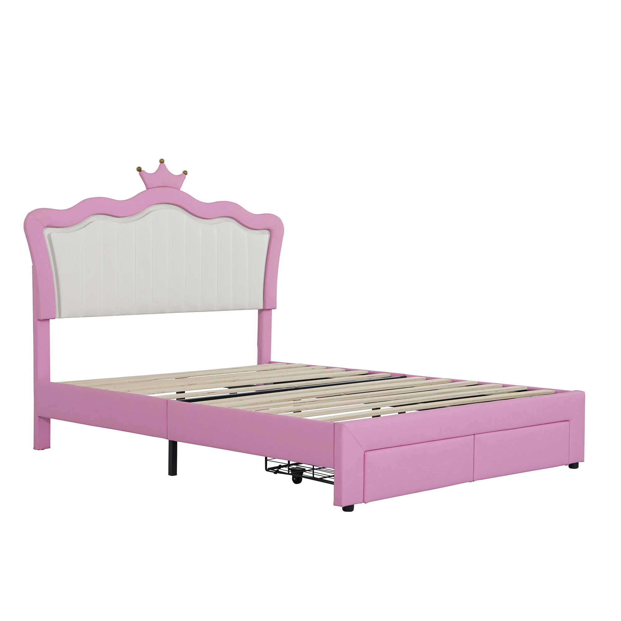 Full Size Upholstered Bed Frame With LED Lights Modern Upholstered Princess Bed With Headboard 2 Drawers In Pink+White