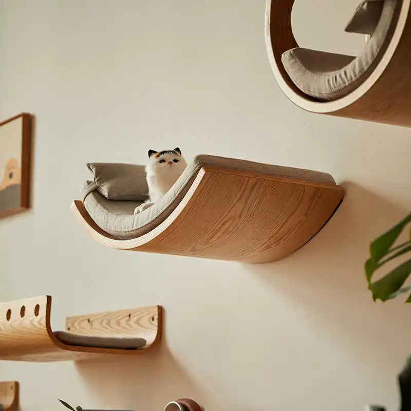

# Wood Cat Perch With Removable Cushion & Pillow | Modern Cat Wall Shelf For Indoor