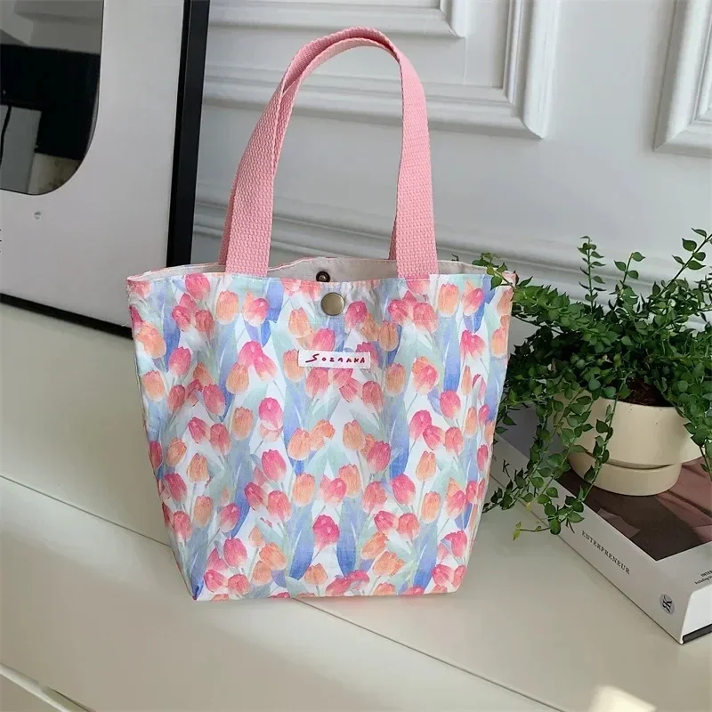 Simple Canvas Shopping Bag Women Shoulder Bags Foldable Picnic Food Pouch Small Tote Shopper Student Lunch Box Pouch Case