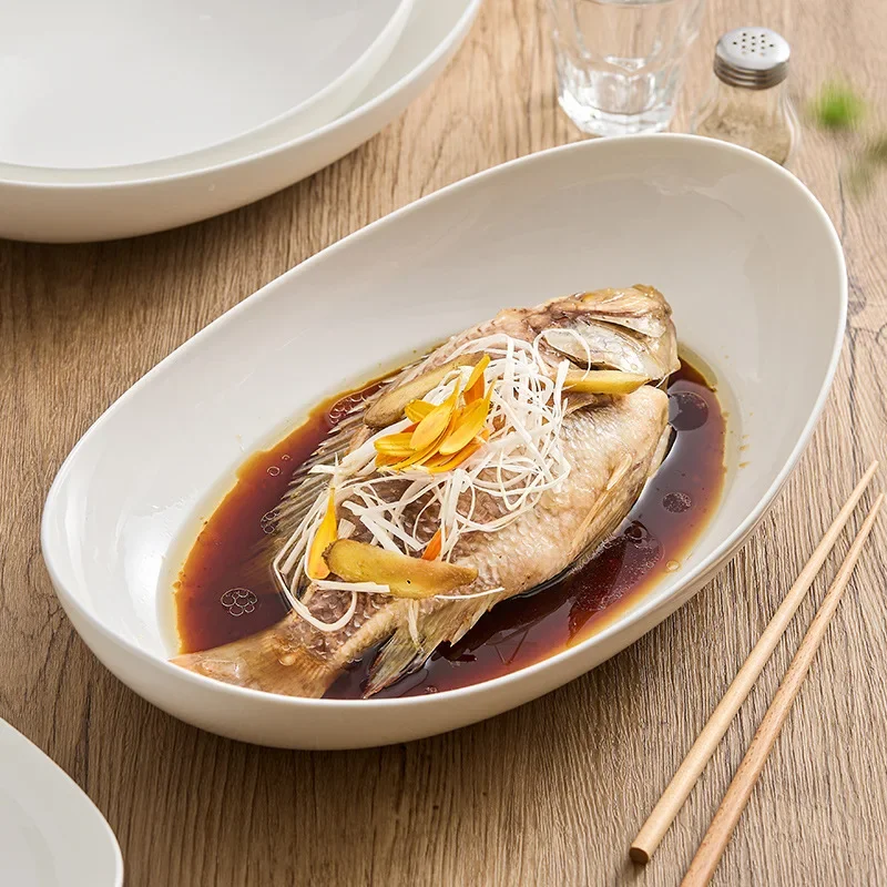Premium White Porcelain Oval Bowl - Irregular Yuanbao-Shaped Dish for Fruit Salad, Fish & Home/Hotel Use