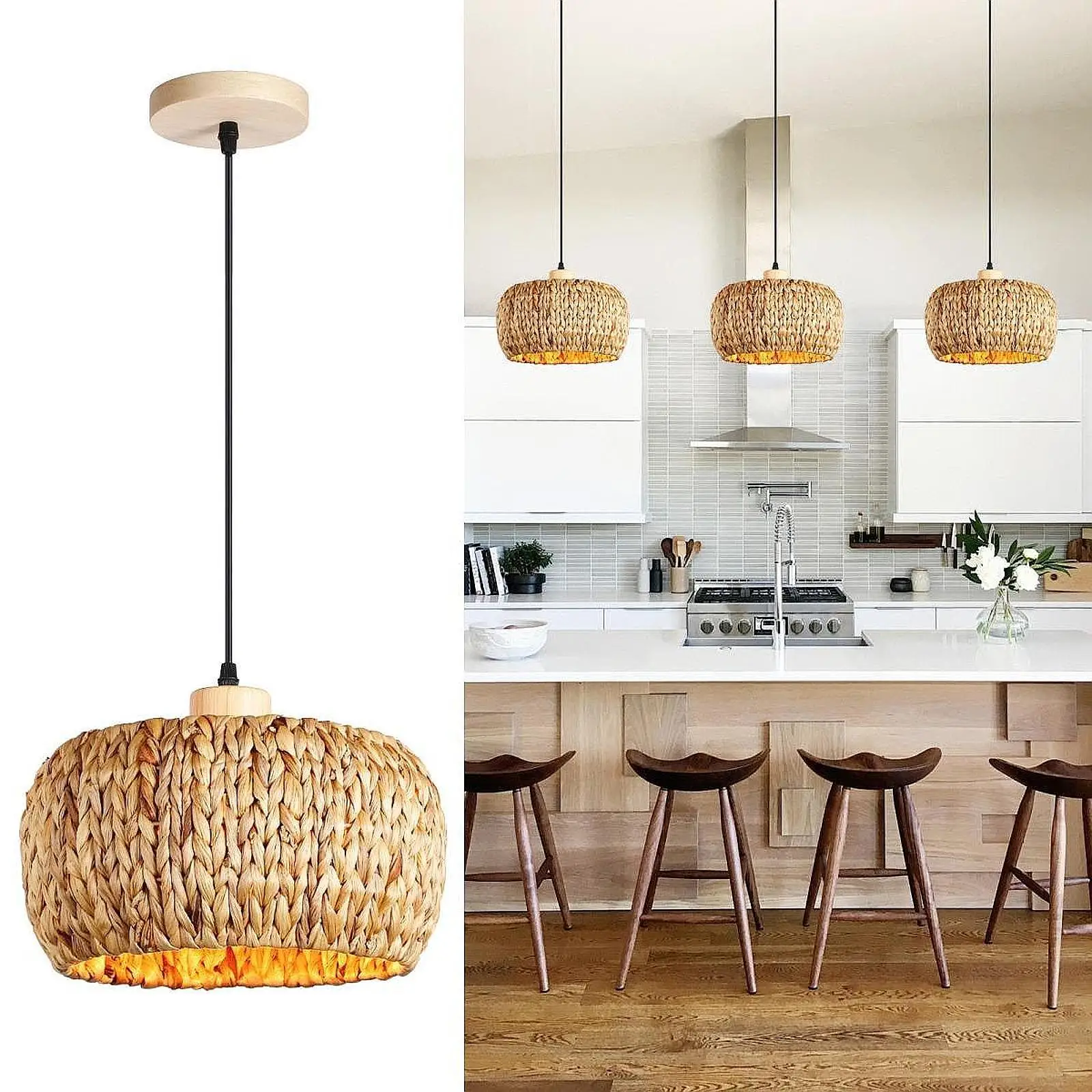 Rattan Pendant Light Shade Country Boho Light Cover Rattan Woven Lampshade for Bedroom Farmhouse Kitchen Dining Room Decoration