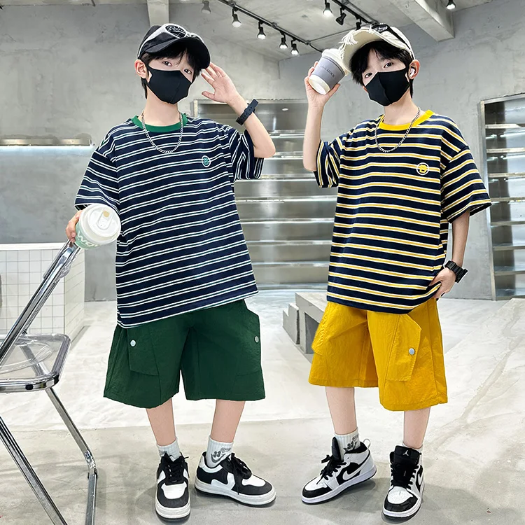 2026 Summer Kids Suit for Boy with Shorts 2 Piece Cotton Clothing Set Children Top and Bottom Clothes Set Tracksuit Age 5-14Y