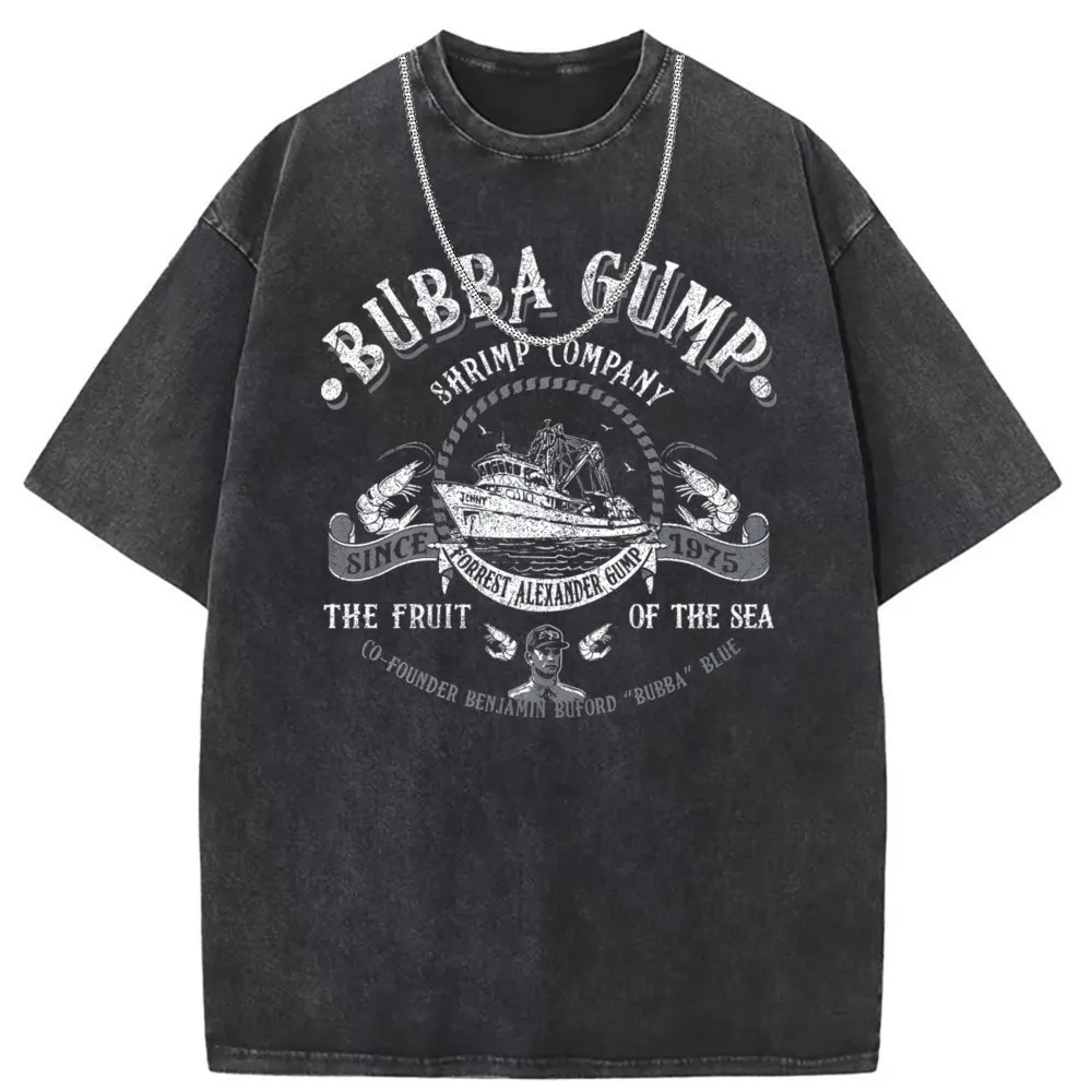 Bubba Gump Men's Washed T Shirt Long Sleeve Company Sweatshirts Street Washed Tshirt Cute Europe Tee Shirt for Men Cotton