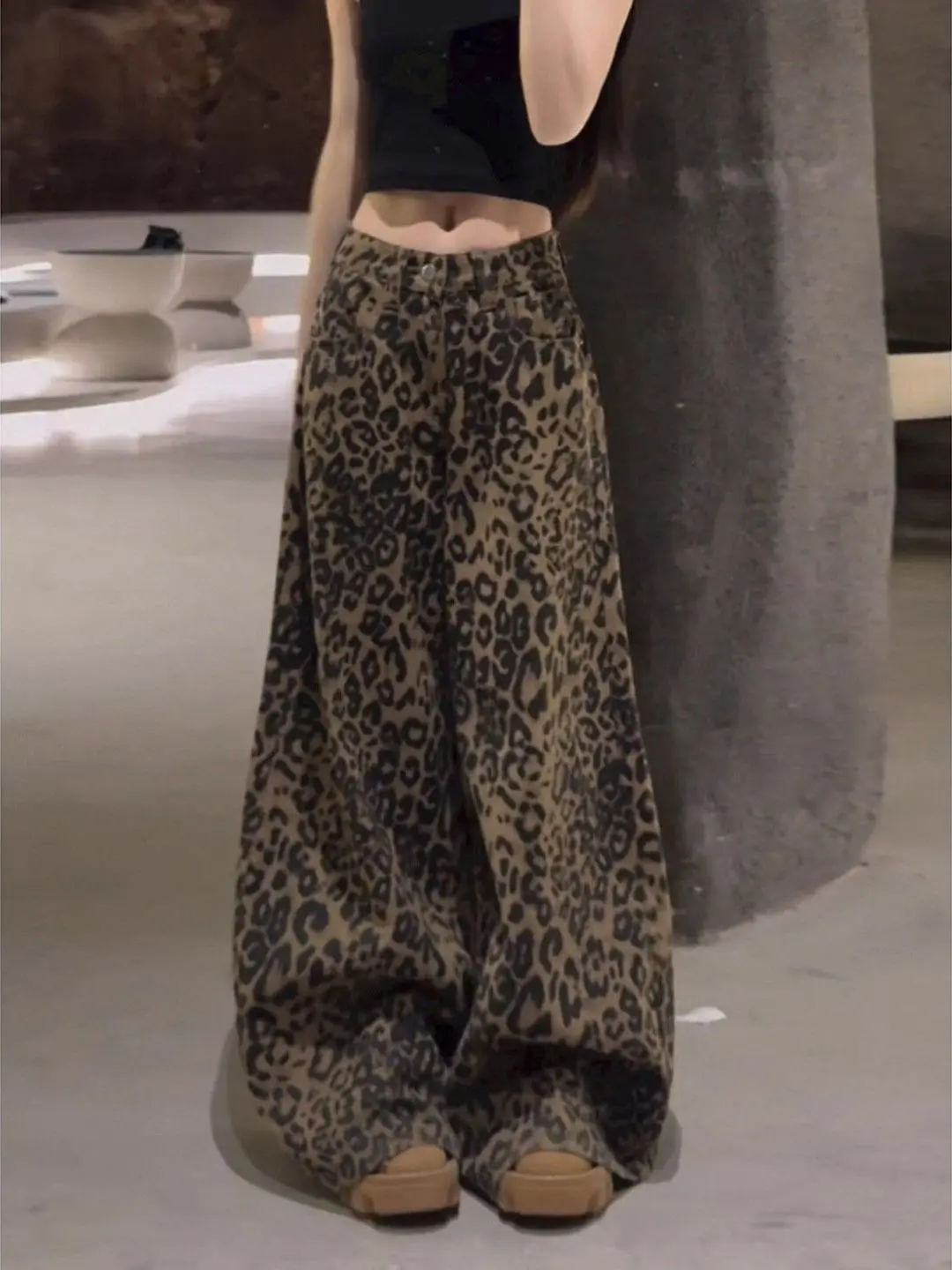 Retro Leopard Print Pants, Wide Leg Jeans, Women's New High Street Slimming, Loose Straight Leg Floor Pants