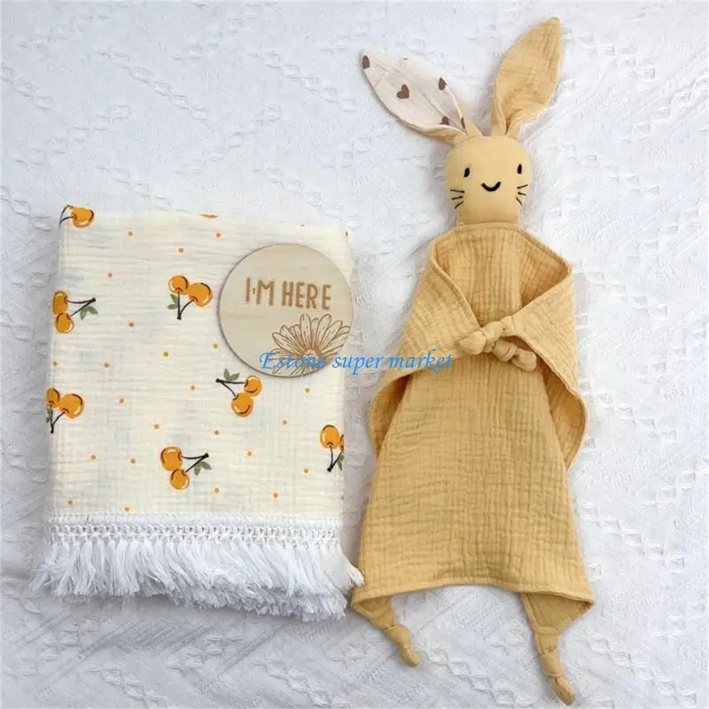 090B Baby Accessories Cotton Muslin Rabbit Appease Towel Newborn Cuddling Blanket Set
