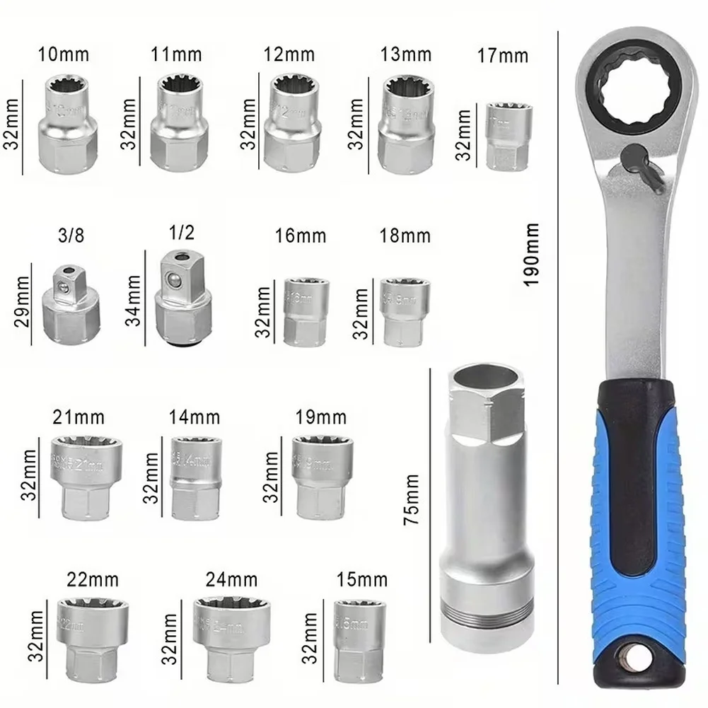 Steel 3/8in Drive 17 Piece Socket Kit with for pass Through Sockets Ratchet and Extension for Long and Threaded Rod Work