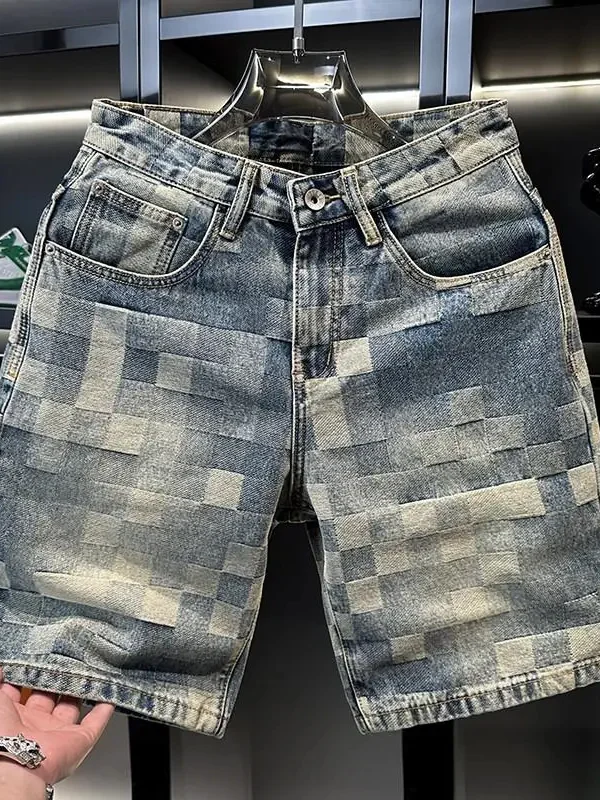 Retro American Plaid Denim Shorts Men Summer Straight Leg Washed out Fashion Casual Color Block Five-Point Mid-Pants