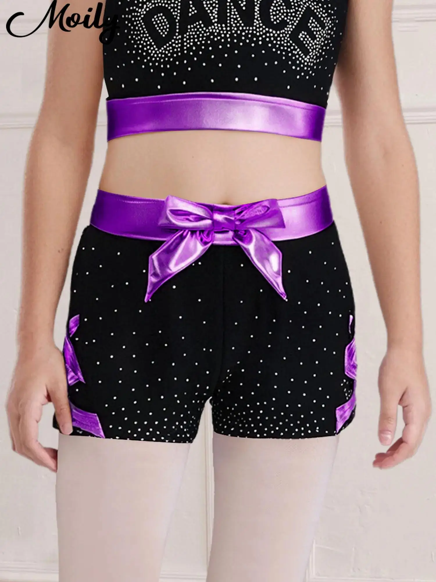 

Children Shiny Rhinestones Bow Shorts Girls Ballet Skating Dancewear Gymnastics Sports Bottoms Metallic Sides Crisscross Shorts