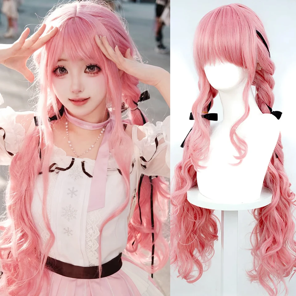 80cm Cosplay Wig Pink Long Curly Twist Braid Double Ponytail Wigs Anime Nikki Cosplay Costumes Wig Heat Resistant Synthetic Hair