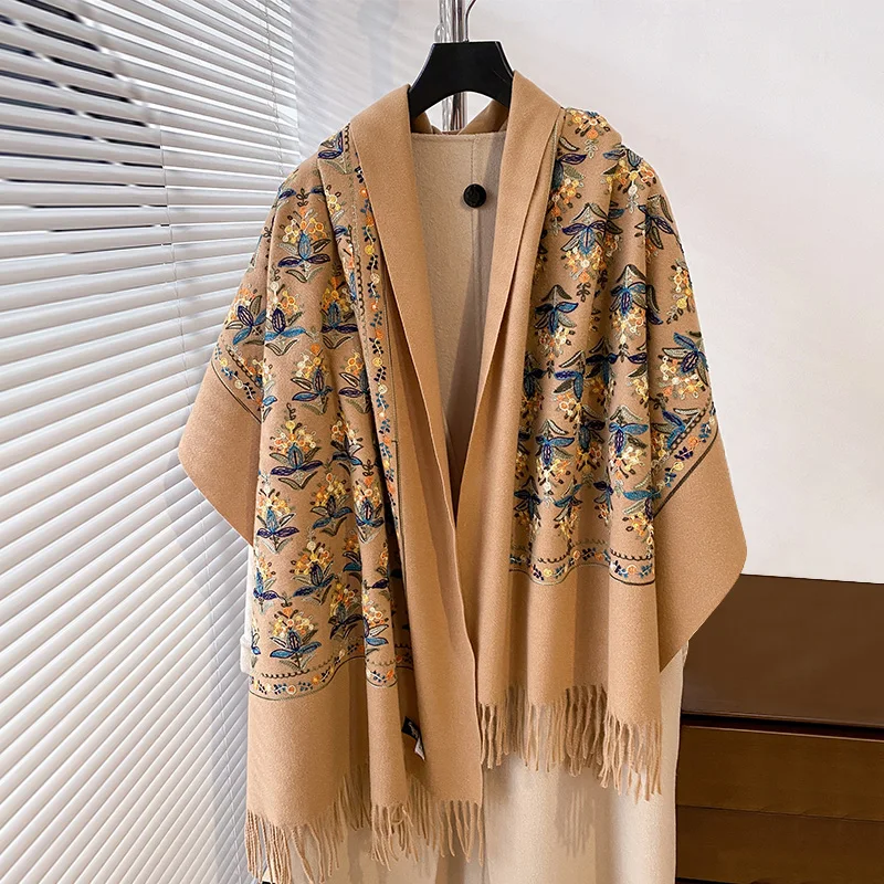 Bordado feminino Pashmina Lenços, Grosso, Calor, Borla longa, À prova de vento, À prova de água, Cobertor, Cachecol, Inverno, Elegante, 2022