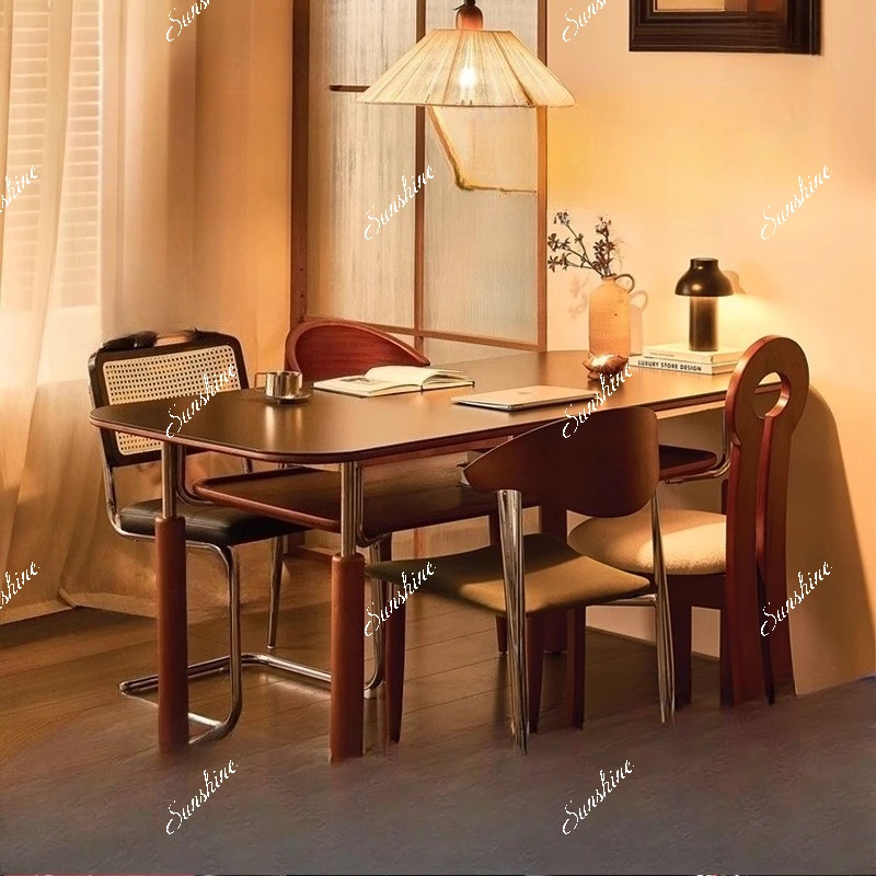 Wabi Sandy Wind Solid Wood Modern Simple Household Black Matte Stainless Steel Slate Dining Table and Chairs