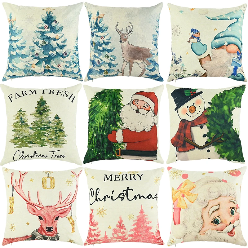 44cm Merry Christmas Pillowcase Cushion Cover Santa Claus Linen Pillow Cover For Xmas Home Decoration 2023 Navidad New Year Gift