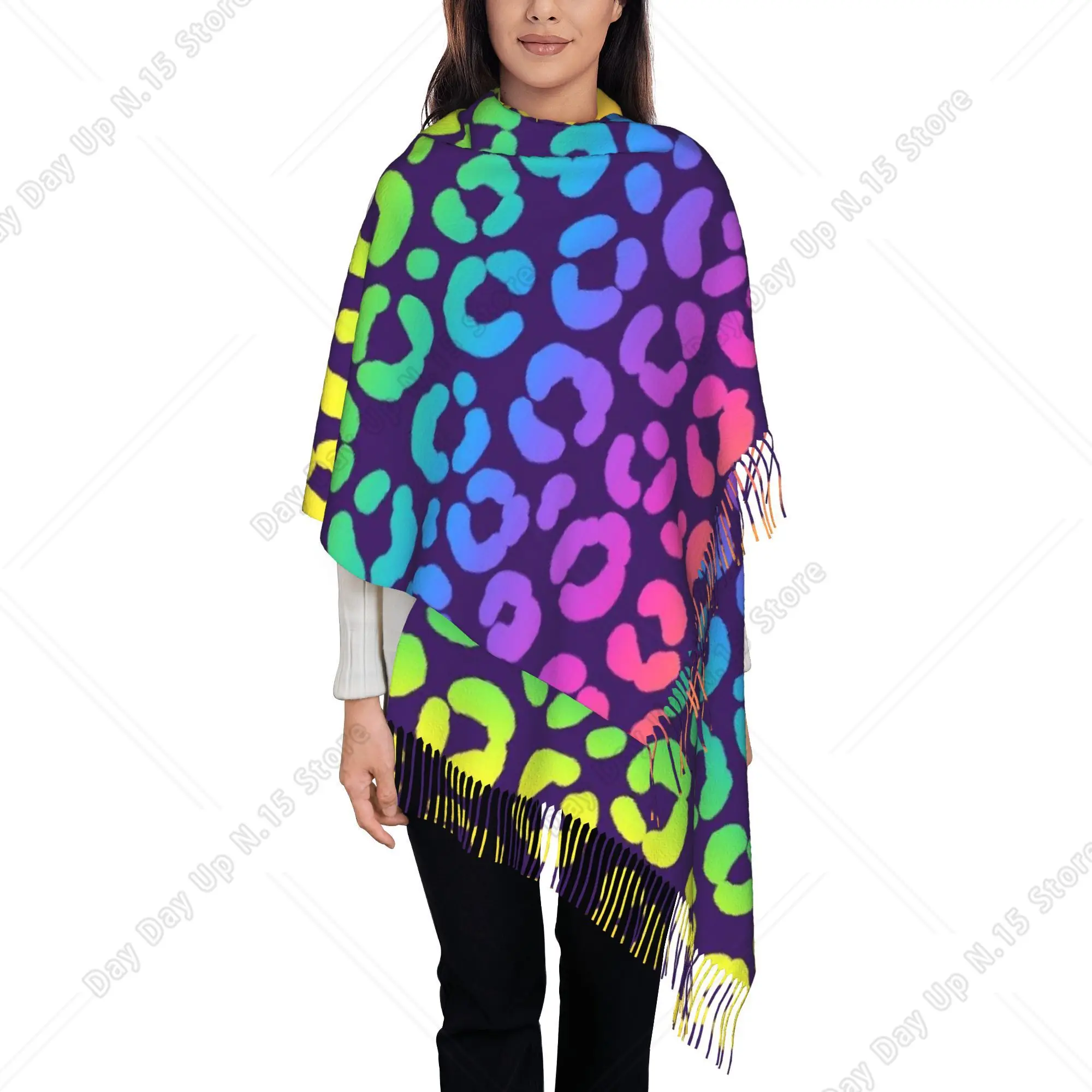 Rainbow Leopard Print Pattern Printed Faux Tassel Scarf Lightweight Warm Shawl, Travel Casual Wrap