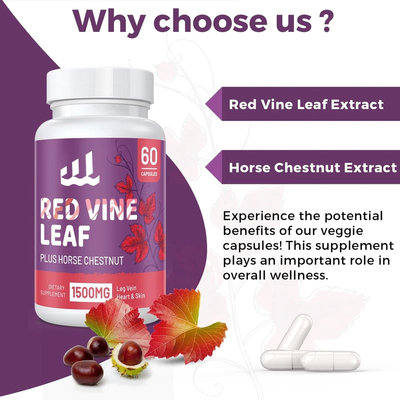 

1400mg of Red Vine Leaf Extract and 100mg of Chestnut Extract supplement the diet, suitable for legs, veins,circulation,and skin