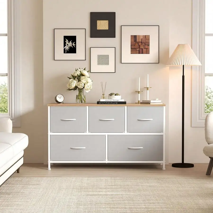 39.4'W 5 -Drawer Dresser For Bedroom, White Storage Unit With Sturdy Steel Frame, TV Stand With Wooden, Chest Of Drawers For Clo