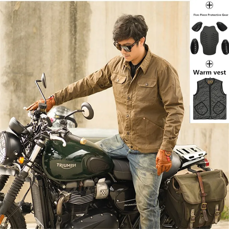 Men Retro Motorcycle Jacket Outdoor Camping Trekking Waterproof Oil Wax Canvas Coat Detachable Protective Gear+Down Cotton Vest