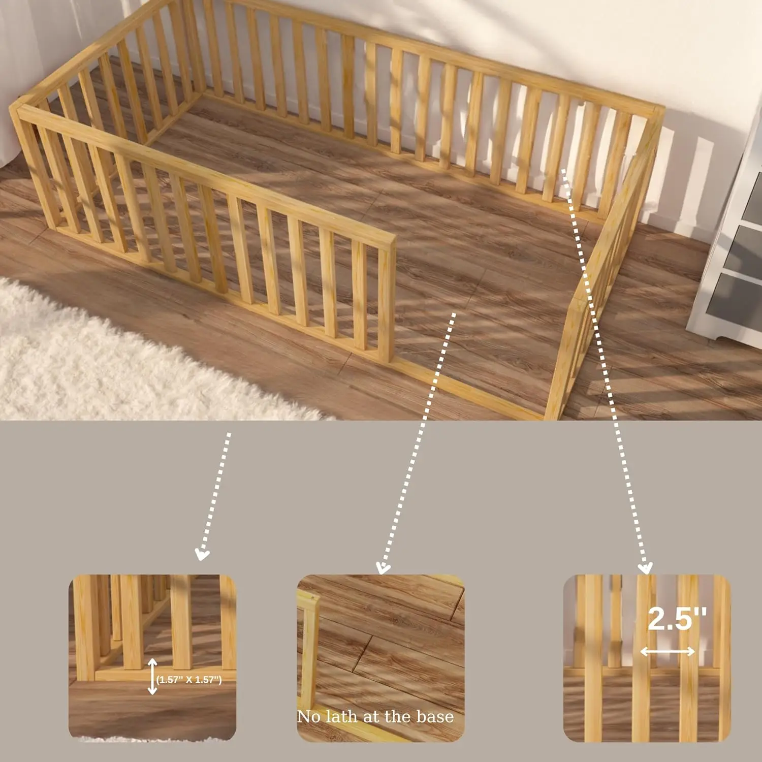 Montessori Floor For Kids | Toodlers Floor With Safety Guardrails | Pine Wood Baby  | Sturdy Wood Frame