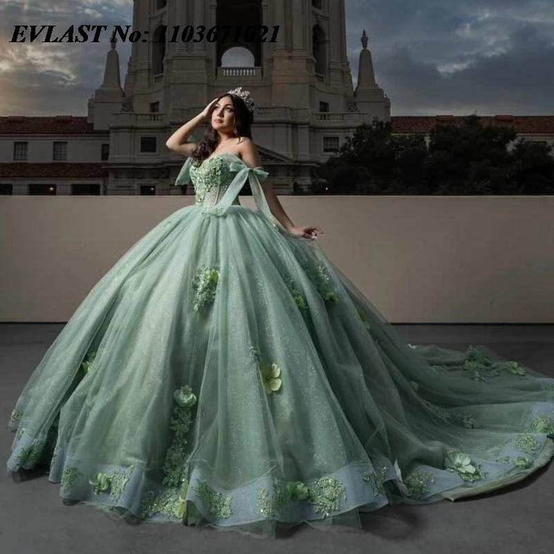 Evlast Mexican Mint Quinceanera Jurk Baljurk Glanzende 3d Gebloemde Kanten Kralen Korset Sweet 16 Gown Vestidos De Anos Sq386