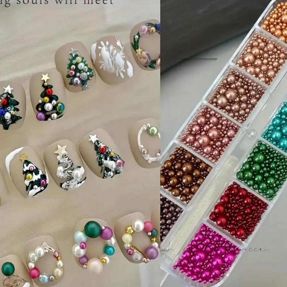 12 Siatek Mieszane Rozmiary Perłowe Kolorowe Koraliki Nali Charms Świąteczne Czerwone/Zielone Perły Cyrkonie do Paznokci Świąteczny Manicure Biżuteria A