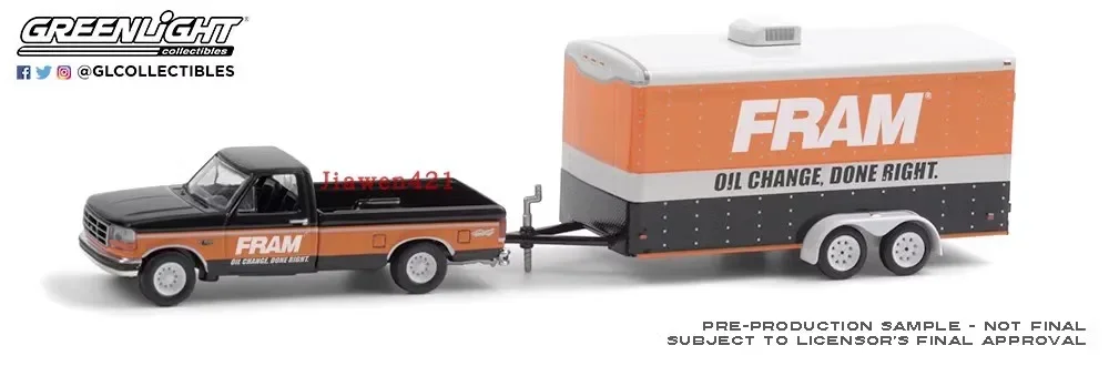 1:64 1994 Ford F-150 Xlt & Fram OII Filters Enclosed Car Trailer Diecast Metal Alloy Model Car Toys For Gift Collection