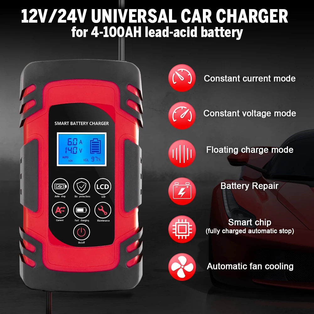 

JFIND Новое полностью автоматическое зарядное устройство 12 В 24 В Smart Battery Импульсные инструменты для ремонта свинцово-кислотных аккумуляторов Зарядное устройство с цифровым ЖК-дисплеем