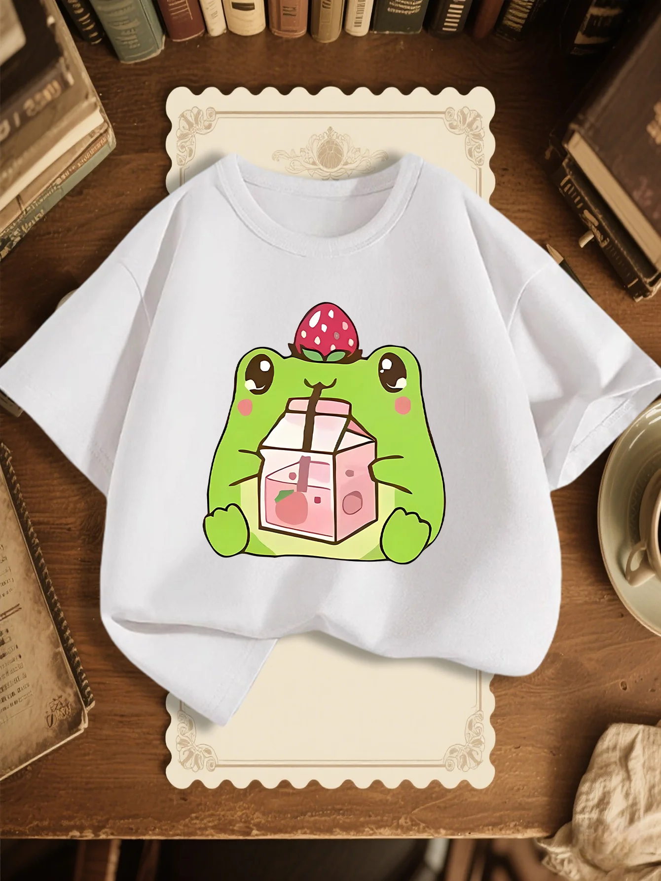 Cute Strawberry Frog Milk Print Graphic Kids Tee Boys Girls Family Matching Cotton Crew Neck Short Sleeve Soft Summer Tee