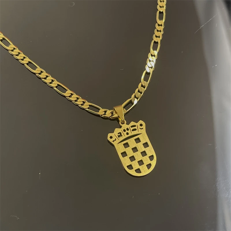 Croatian commemorative national emblem necklace, hollowed out shield shaped checkerboard pattern, gold-plated titanium steel men