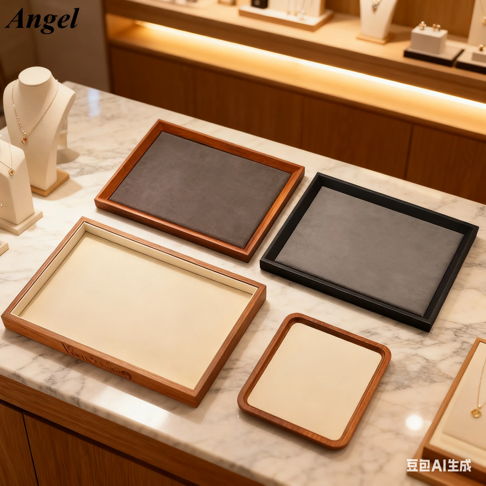 Stackable Jewelry Display Tray, Solid Wood and PU Leather Drawer Organizer for Necklace Bracelet Ring Watch, Showcase Holder