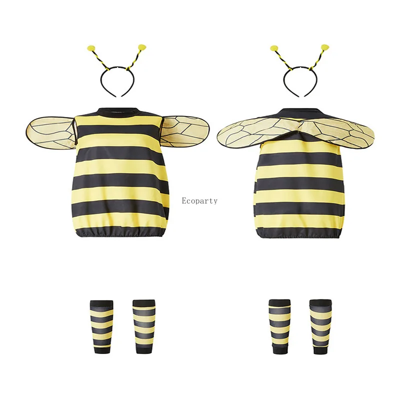 Women Kids Halloween Cosplay Set Halloween Bee Xmas Costumes Dress with Wings Headband Leg Sleeves for Role-playing Accessories