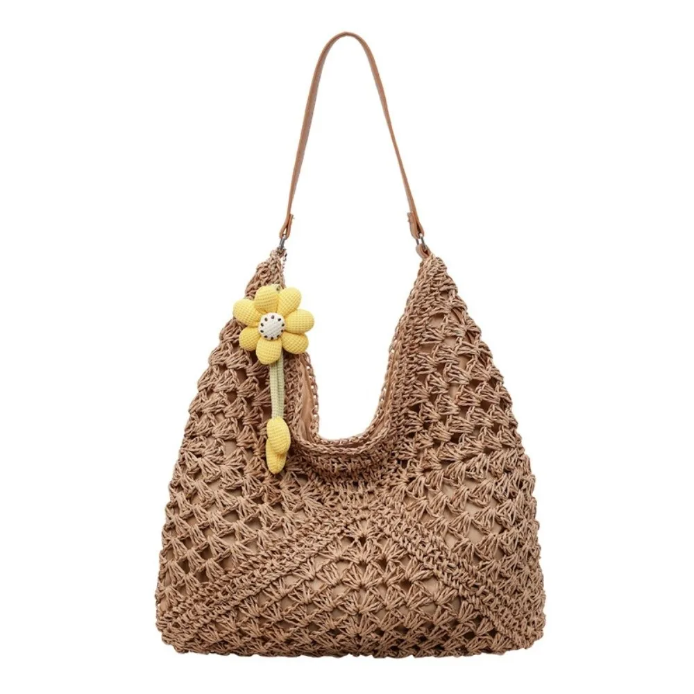 

Woven Bag Straw Bag for Women Hollow Out Sunflower Pendant Shoulder Bag Bohemian Large Capacity Tote Bag for Beach Vacation