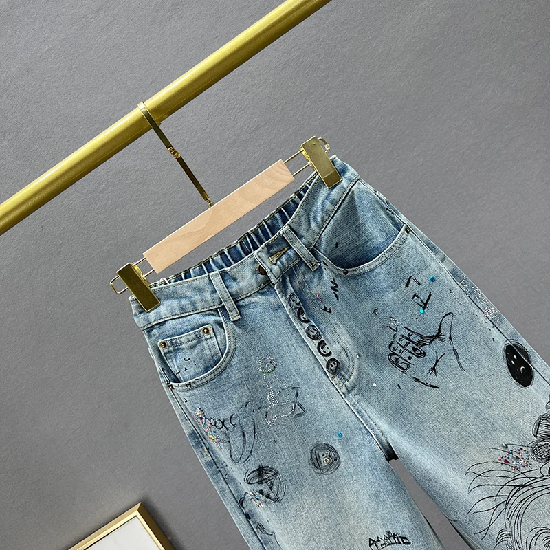 Imagem -02 - Jeans Harém de Cintura Alta para Mulheres Moda Strass Estampado Calças Soltas Cintura Elástica Azul Claro 2023 Primavera e Outono