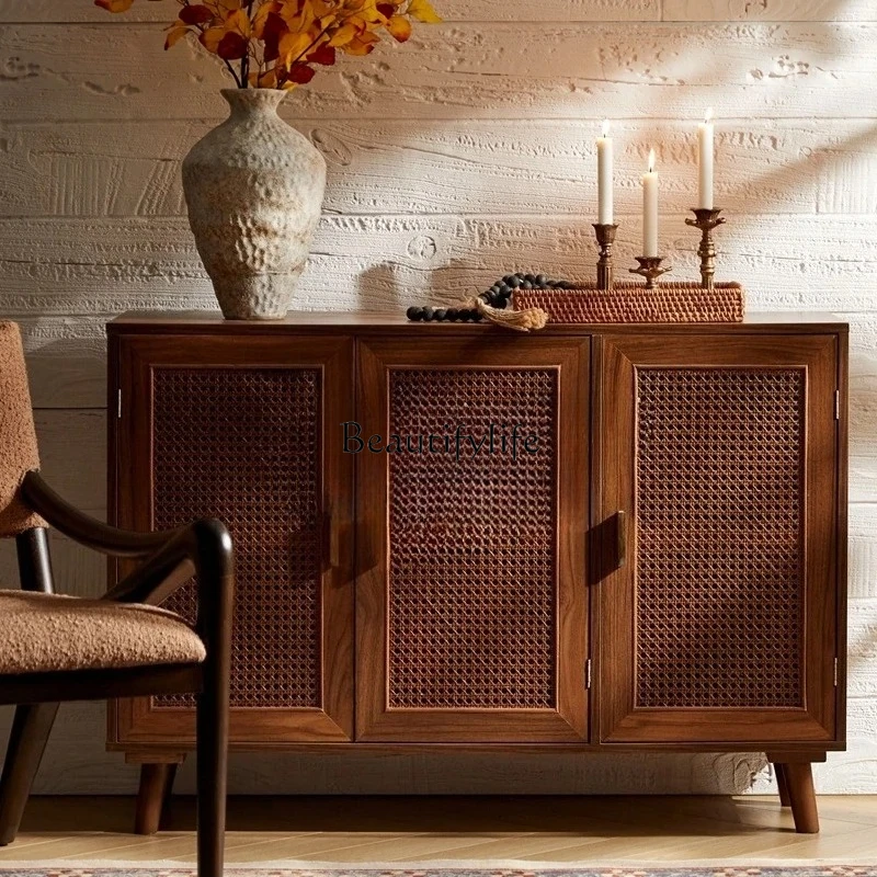 

American-style Vintage Sideboard Cabinet Solid Wood Rattan Storage Cabinet Wall-mounted Entryway Partition Cabinet