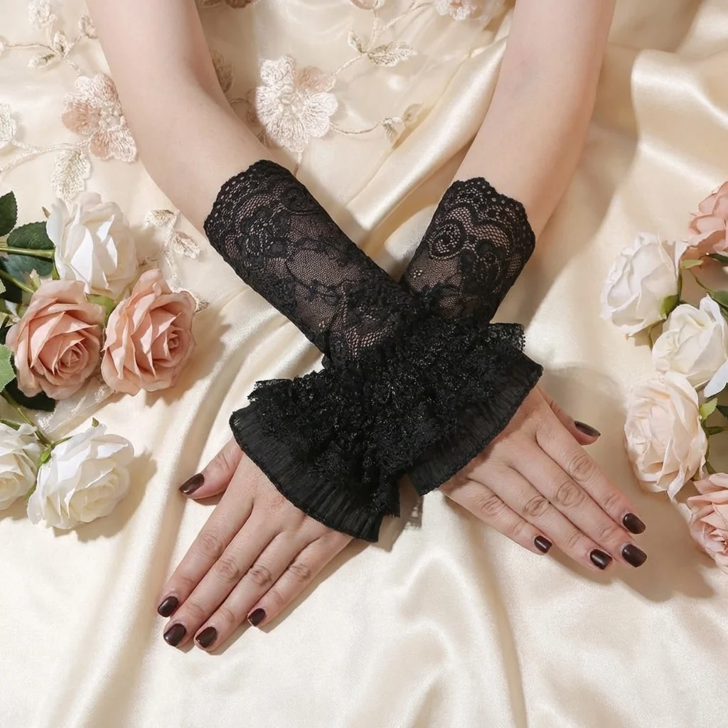 New Fashion High Quality Portable Elegant Long Lace Cuff Embroidery With Ruffles Arm Sleeves Cuffs White Black Wrist Cuffs Women
