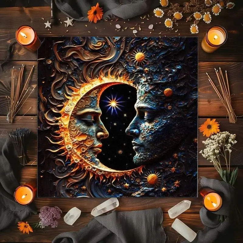 VIKAMA Sun Moon Face Tarot Card Tablecloth Mystical Divination Altar Cloth for Spiritual Room Decor Pagan Wiccan Decor