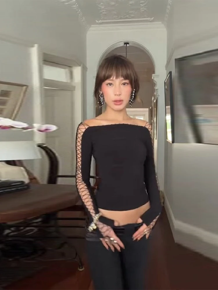 مثير سيدة سليم المناسب الأسود الأعلى الدانتيل يصل عارية الذراعين ساحة طوق كم طويل كل مطابقة قاعدة طبقة أزياء المرأة الجديدة اليومية صالح