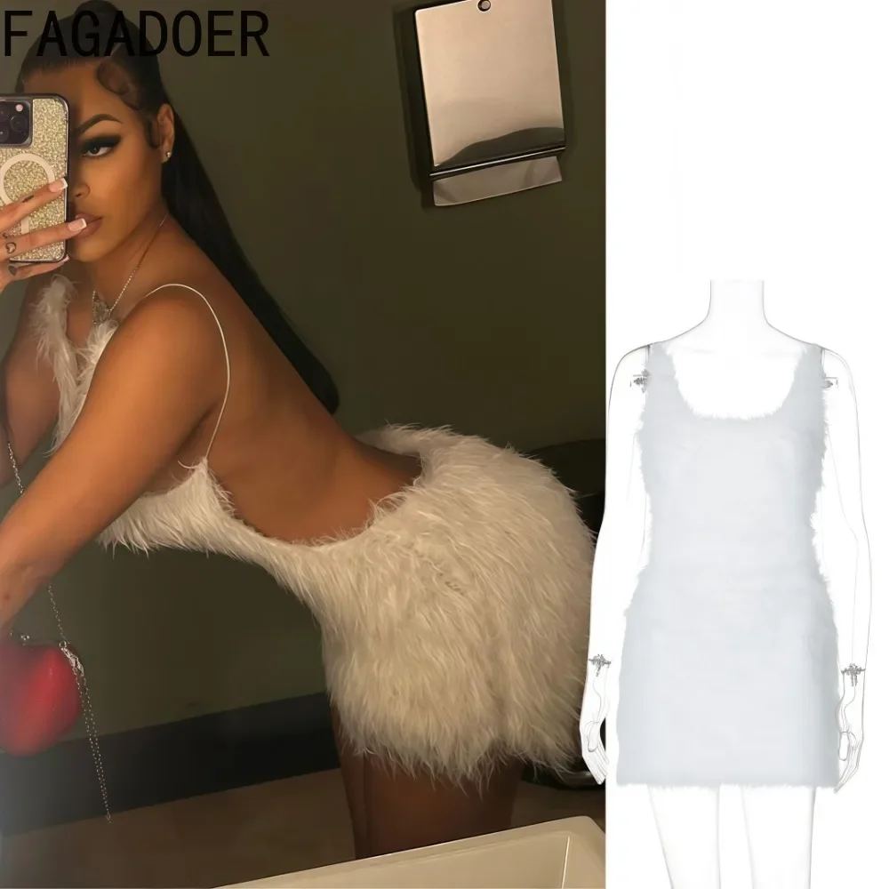 

FAGADOER Sexy Fur Patchwork Mini Dress Women White Spaghetti Straps Sleeveless Bodycon Dresses Hot Girl Night Party Clubwear