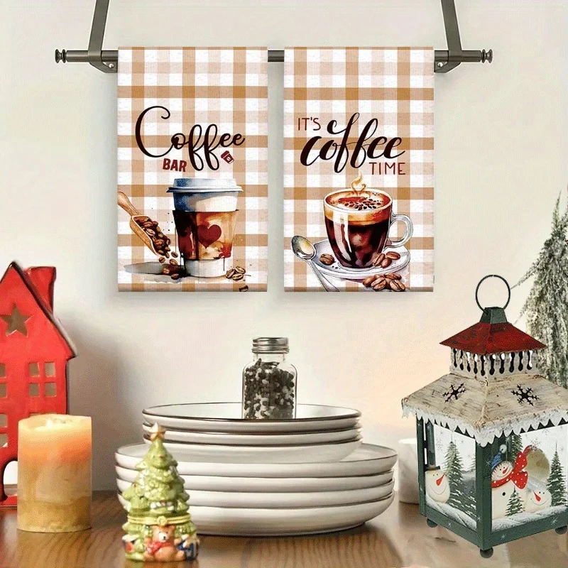 2Pcs, Vintage Brown Checkered Coffee Kitchen Towels, 40Cm*60Cm Towel Set, Super Absorbent Soft Cleaning Cloth, Cooking and Baking Tea Towel, Hand Towel, Cleaning Cloth, Dishcloth, Kitchen Decoration, Living Room Decoration, Kitchen Essentials, Home Essentials
