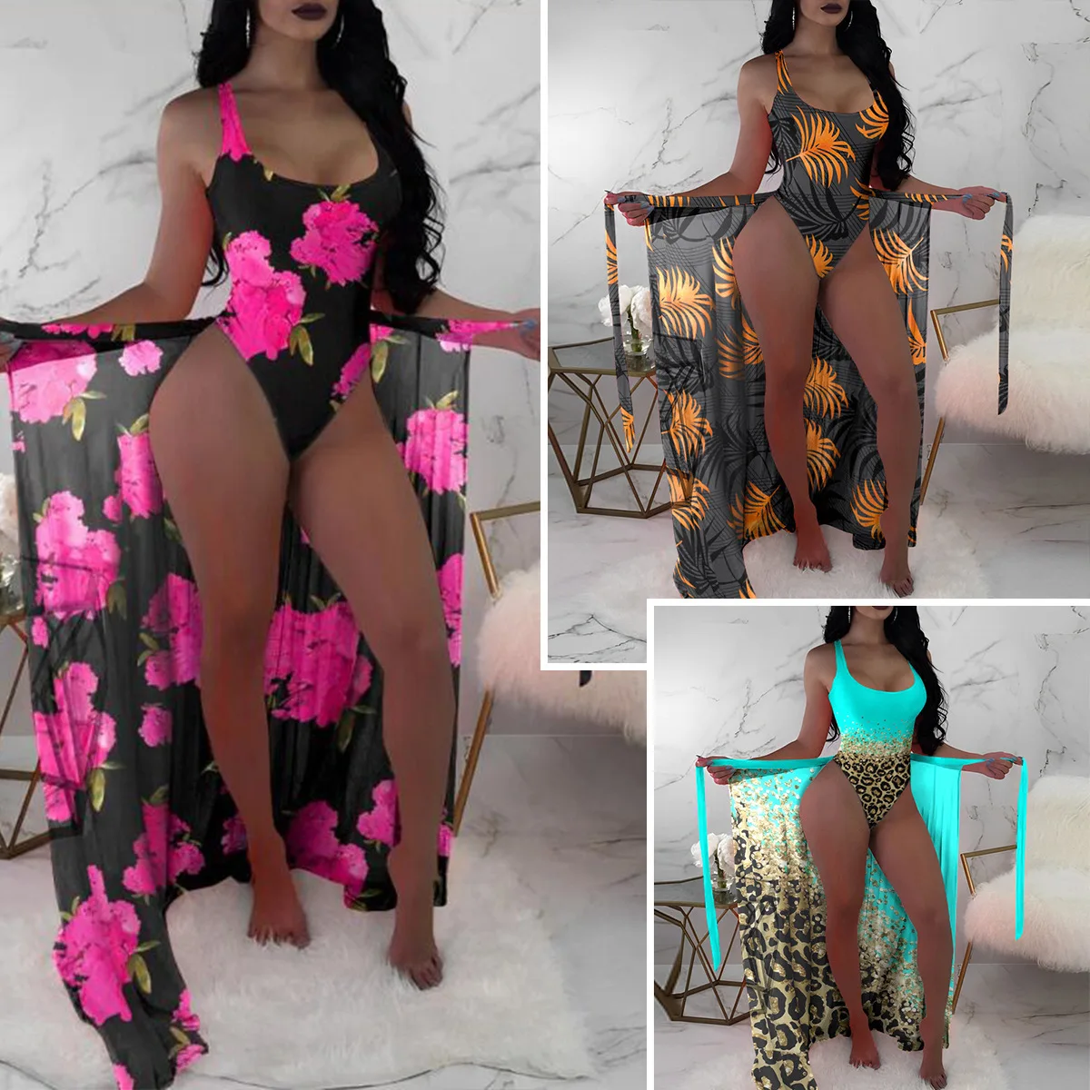 

3 Pieces High Waist Bikini 2024 Printed Swimsuit Women & Kimono Swimwear Female Sexy Bather Bathing Swimming Swim Suit Beachwear