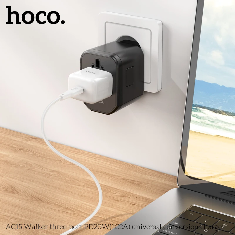 HOCO AC15 PD20W محول السفر العالمي شاحن يو اس بي تحويل ثلاثة منافذ المقابس نوع c الهاتف شحن سريع الولايات المتحدة الأمريكية الاتحاد الأوروبي المملكة المتحدة AUS المقابس