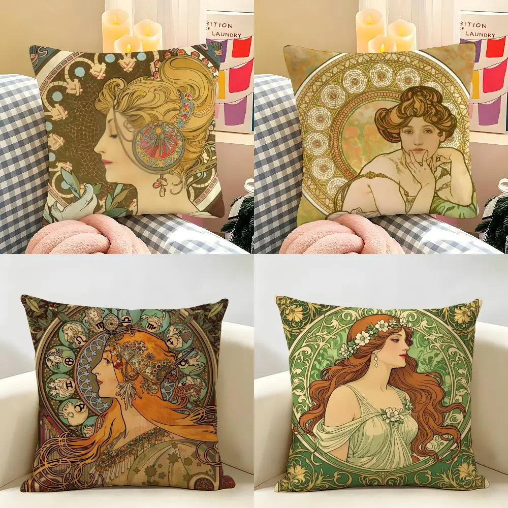 A-ALFONS MUCHAS retro Cushion Cover Natural Linen Organic Fabric Double-Sided Printing Room Sofa Decor Pillow Case