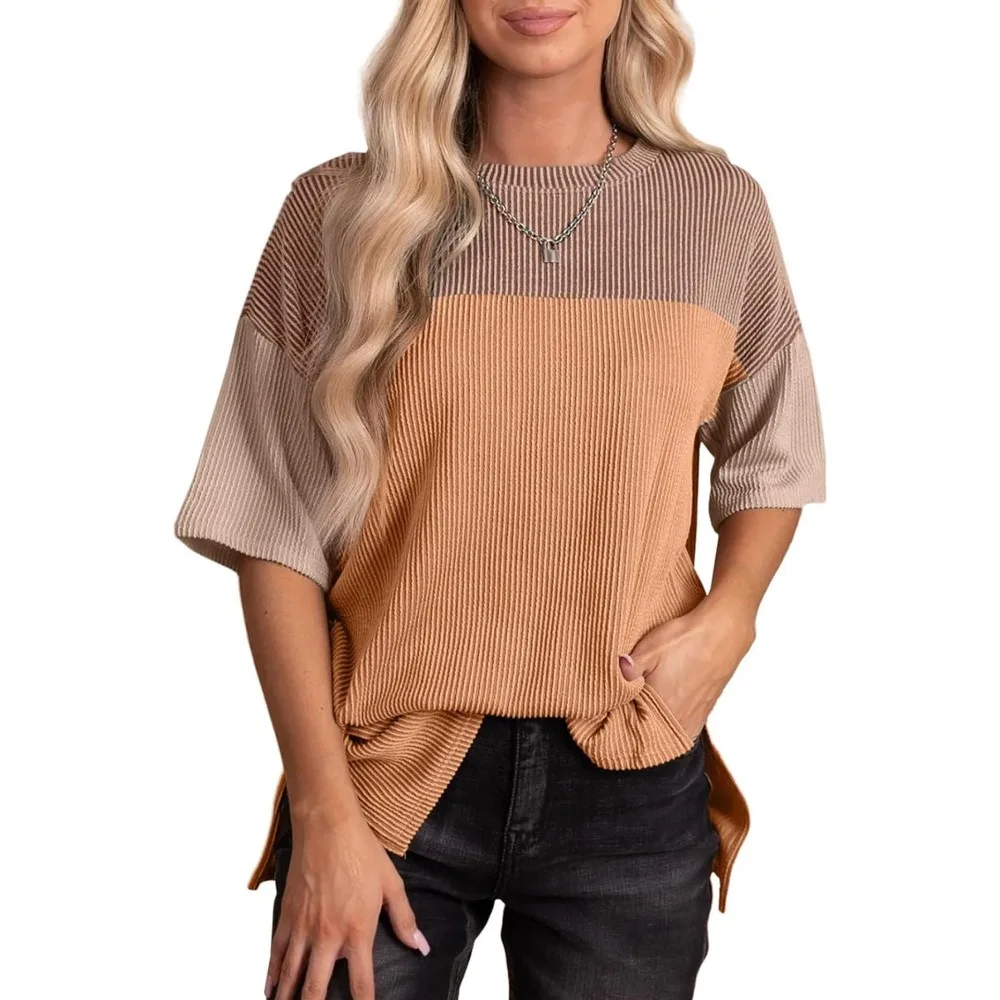 Womens Color Block Fashion Short Sleeve Crewneck Knitted Spring Summer Casual Loose T Shirts Tops High Street Top Solid Clothes