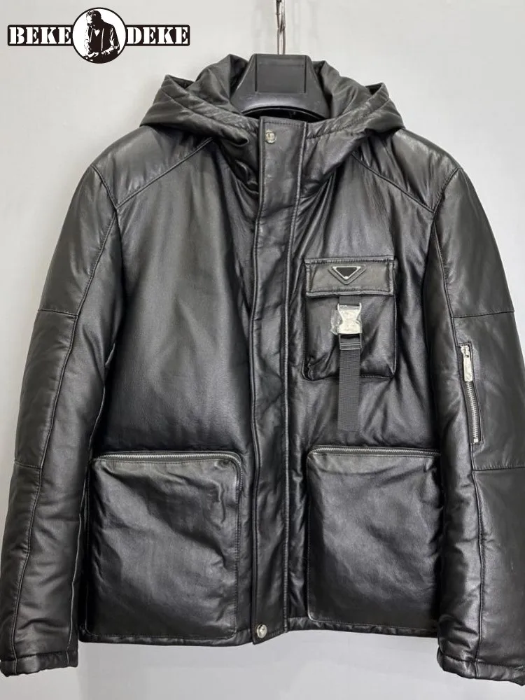 Youthful Vitality Style Hooded Genuine Leather Comfortable Down Coat Loose Zipper Long Sleeves Buckle Warm Male Outerwear