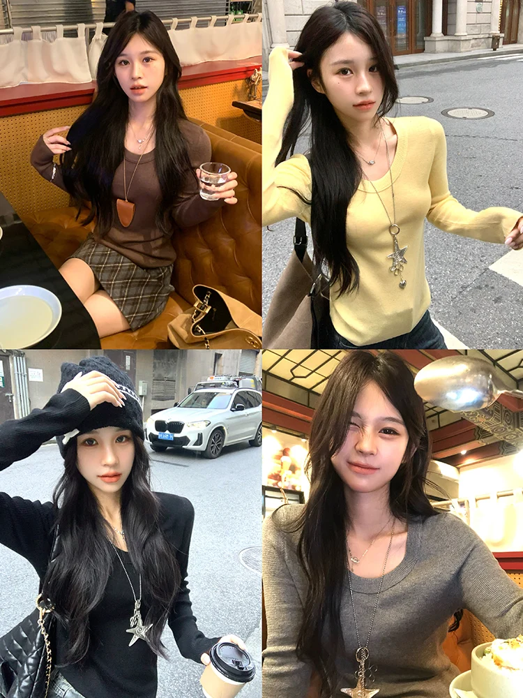 

Adan Silk Long Sve round Ne Knitted Base irt Women's Slim Fit Sli Korean Sle Casual Wear Commute High Waist