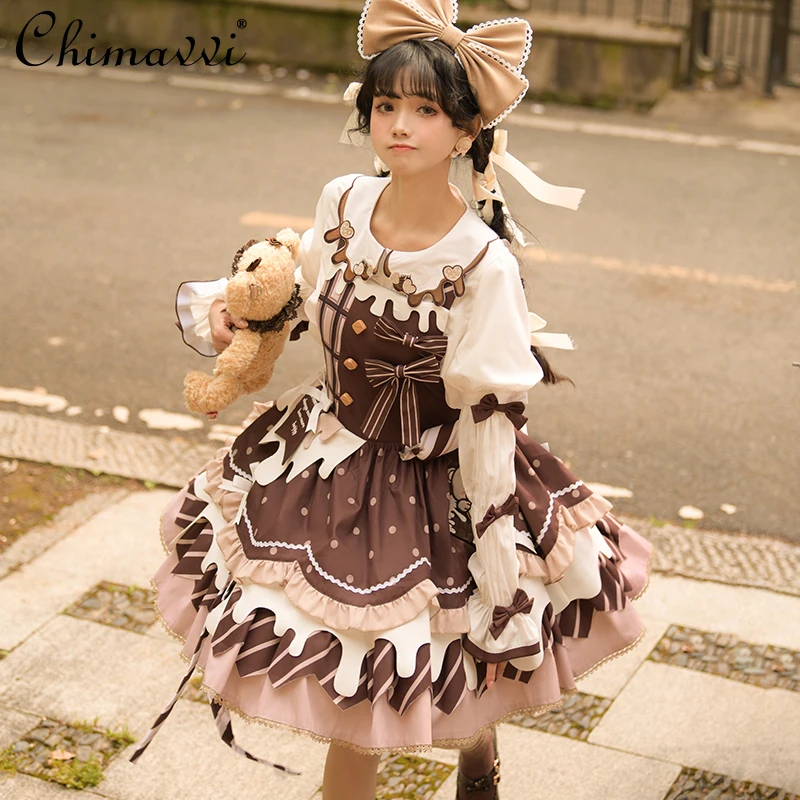 

Original Lolita Dress for Women 2025 Spring and Autumn Cute Bow Cartoon High Waist Strap Lo Dress Kawaii Girl Short Dresses