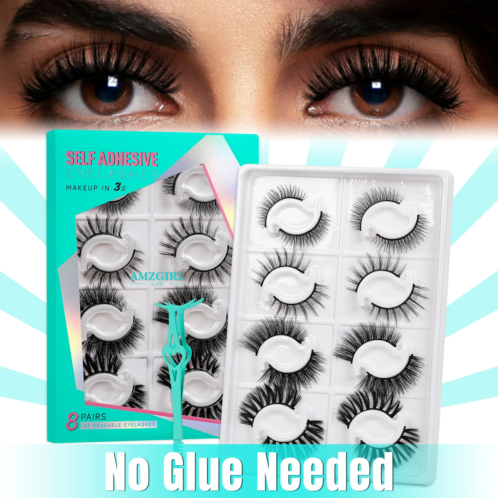 Amzgirl Lash, kein Kleber erforderlich, selbstklebende Wimpern, 8 Paar, DIY-Wimpernverlängerungsset, wasserfeste Wispy Lashes mit Pinzette