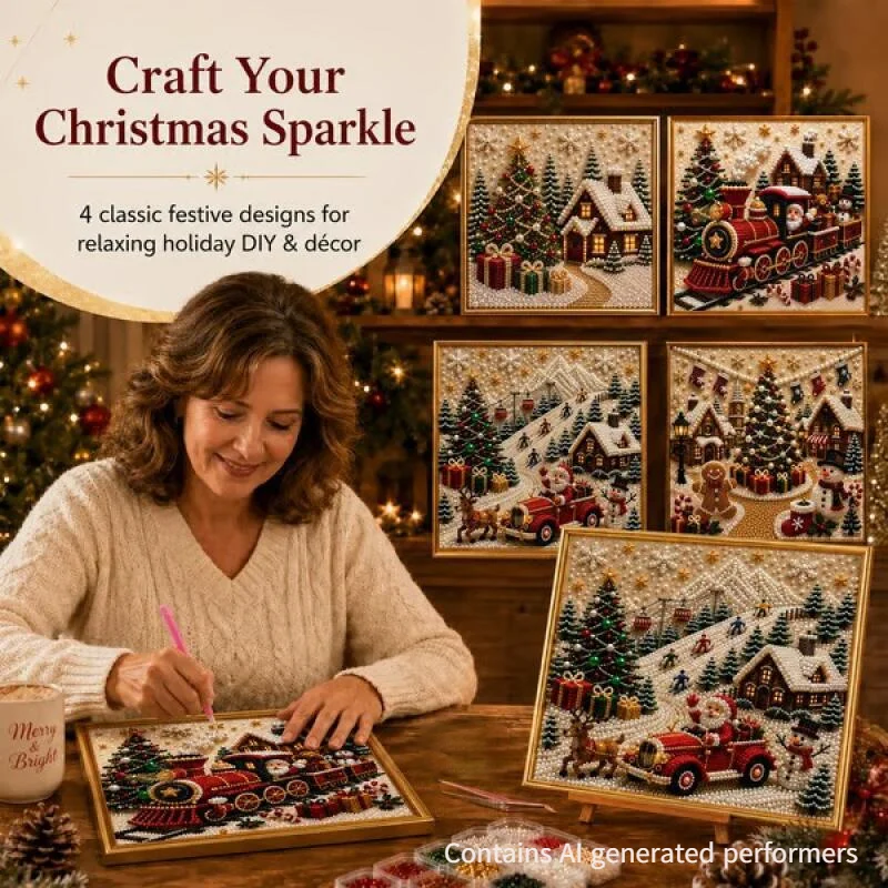 Framed Christmas Pearl Painting DIY Beads Craft Set Santa Claus Train Snowy Cottage Handmade Home Decor Diamond Kits for Adults