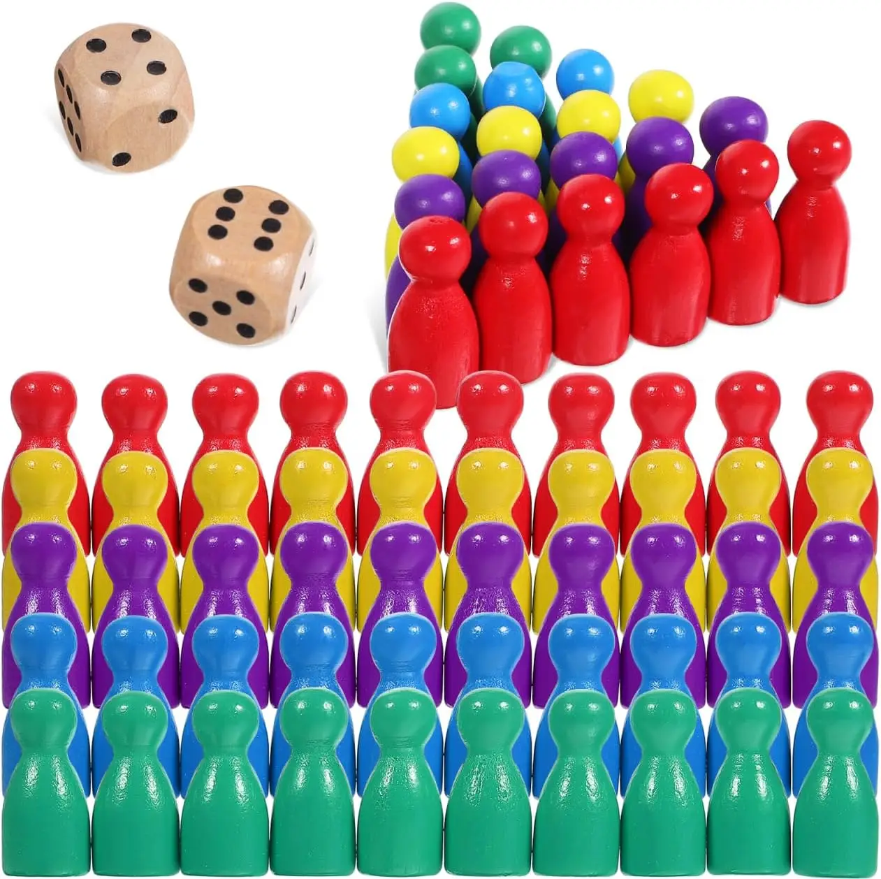 

50 Pcs Wooden Chess Pieces Set with 2 Dice, Colorful Figurines for Board Games & Educational Play
