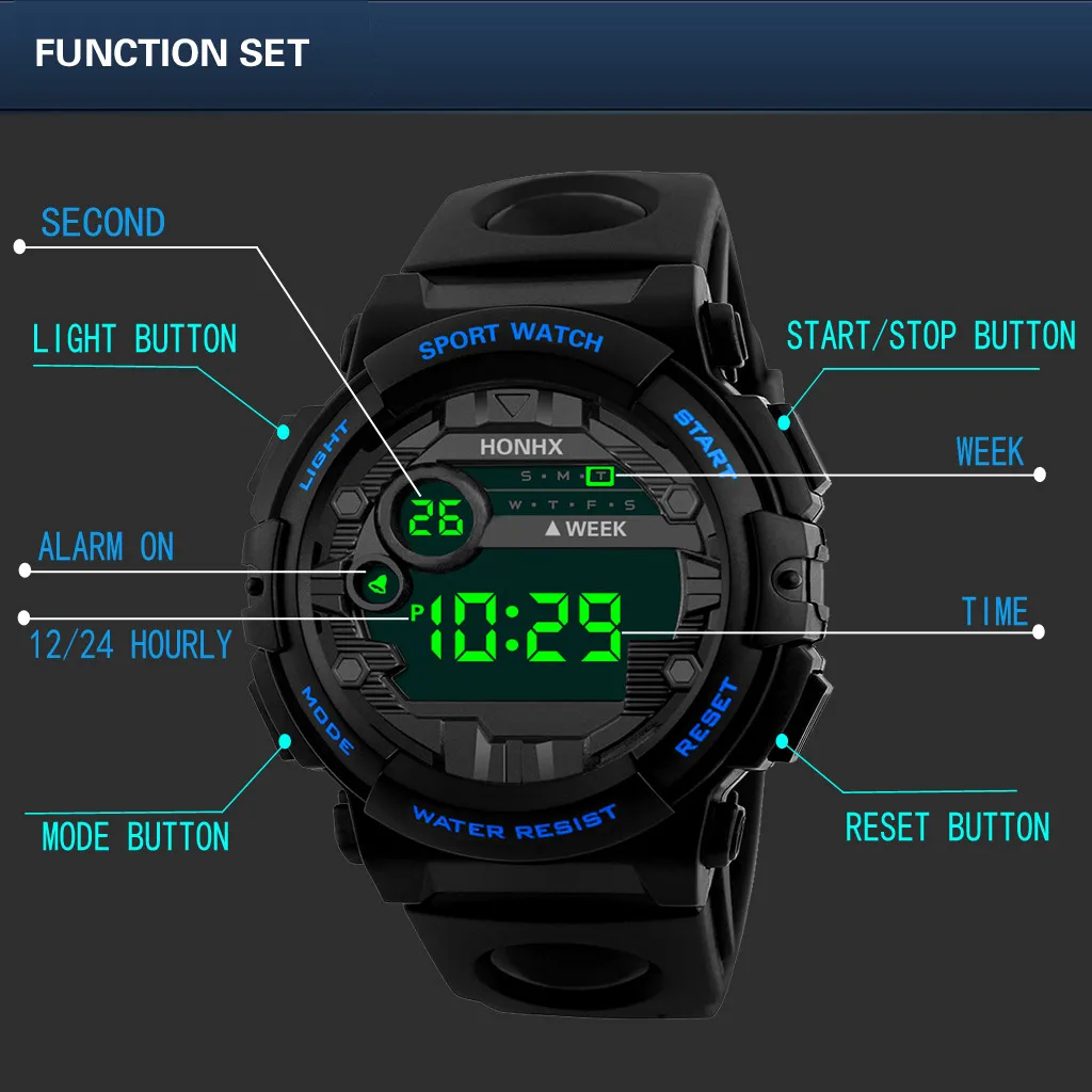 Jam tangan elektronik olahraga keren, dengan empat tombol jam tangan olahraga Tentara gaya luar ruangan jam tangan Digital Led untuk pria Reloj Hombre