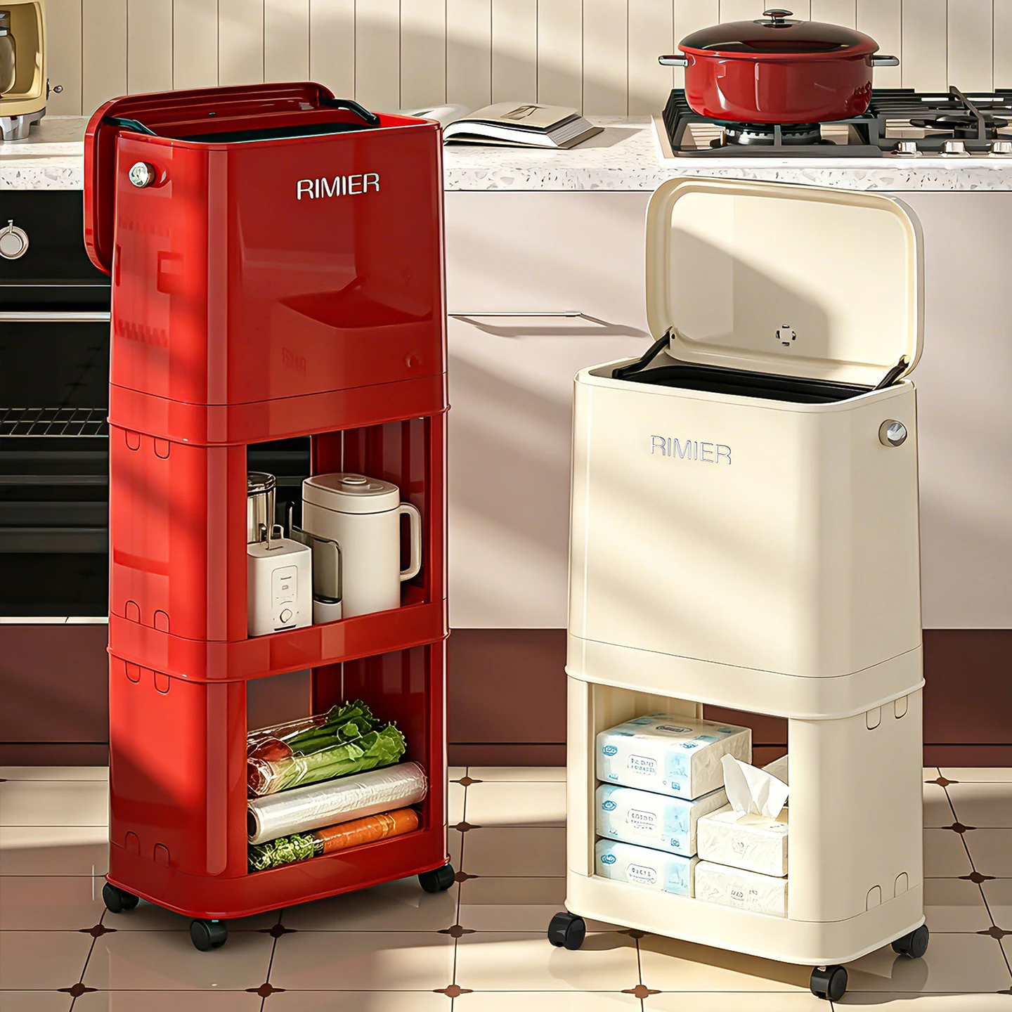 Low-profile trash can, living room storage shelf for miscellaneous items, kitchen movable large-capacity multi-level garbage bin
