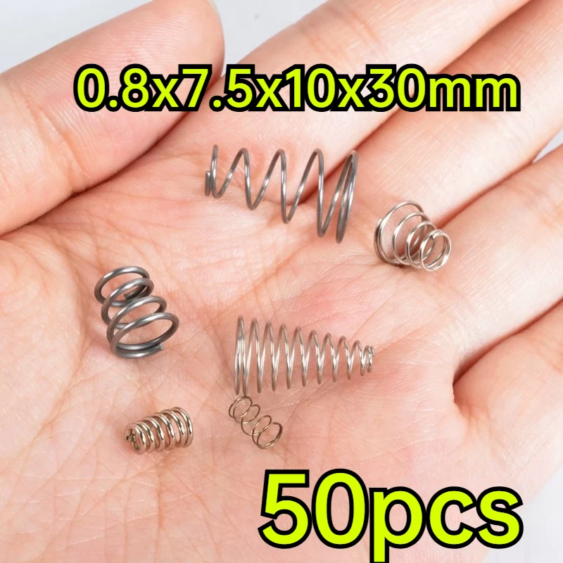 50 spring steel towers, 0.8 mm wire diameter, small end diameter 7.5 mm, large end diameter 10 mm, height 30 mm